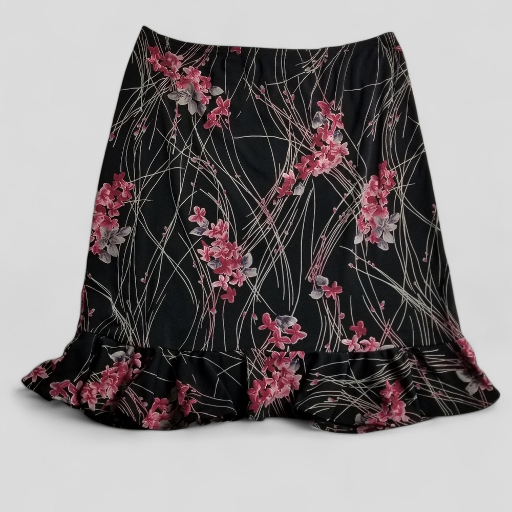 Floral Black Skirt with Ruffle Hem